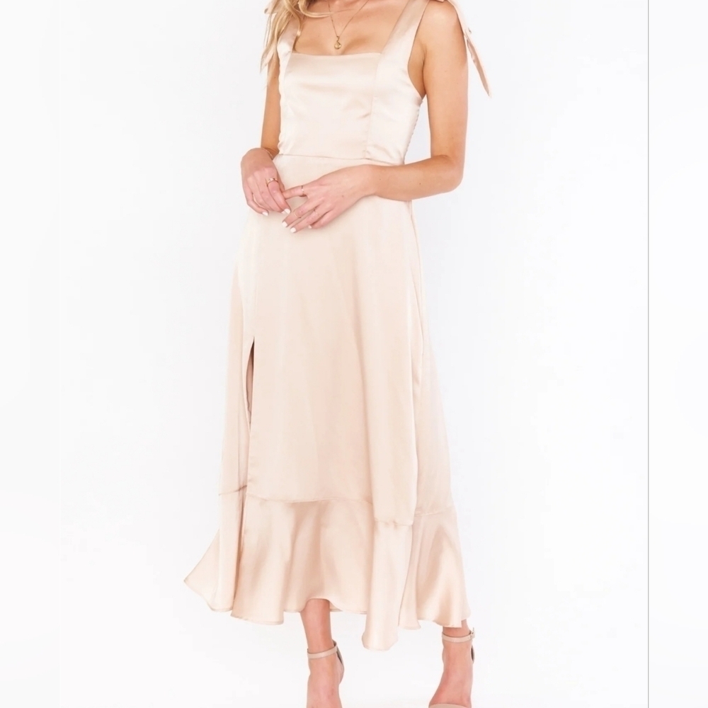 Show Me Your Mumu Women's Claire Midi Dress in Champagne Luxe Satin, Size MED